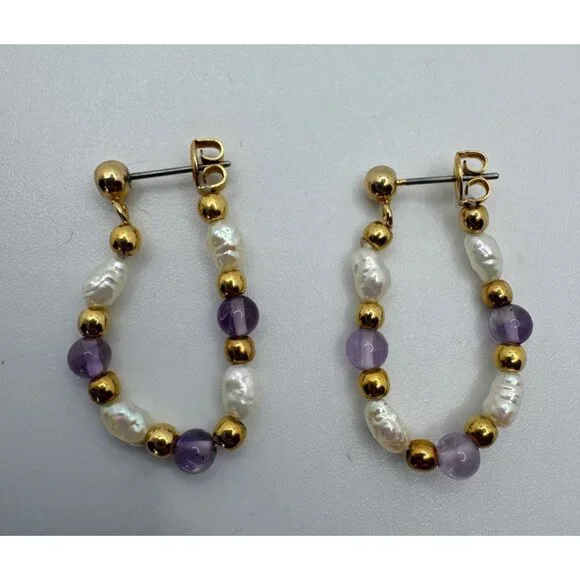 Vintage Lee Sands Cultured Freshwater Pearl Earrings Purple‎ Gold Tone Hoops - Picture 2 of 6